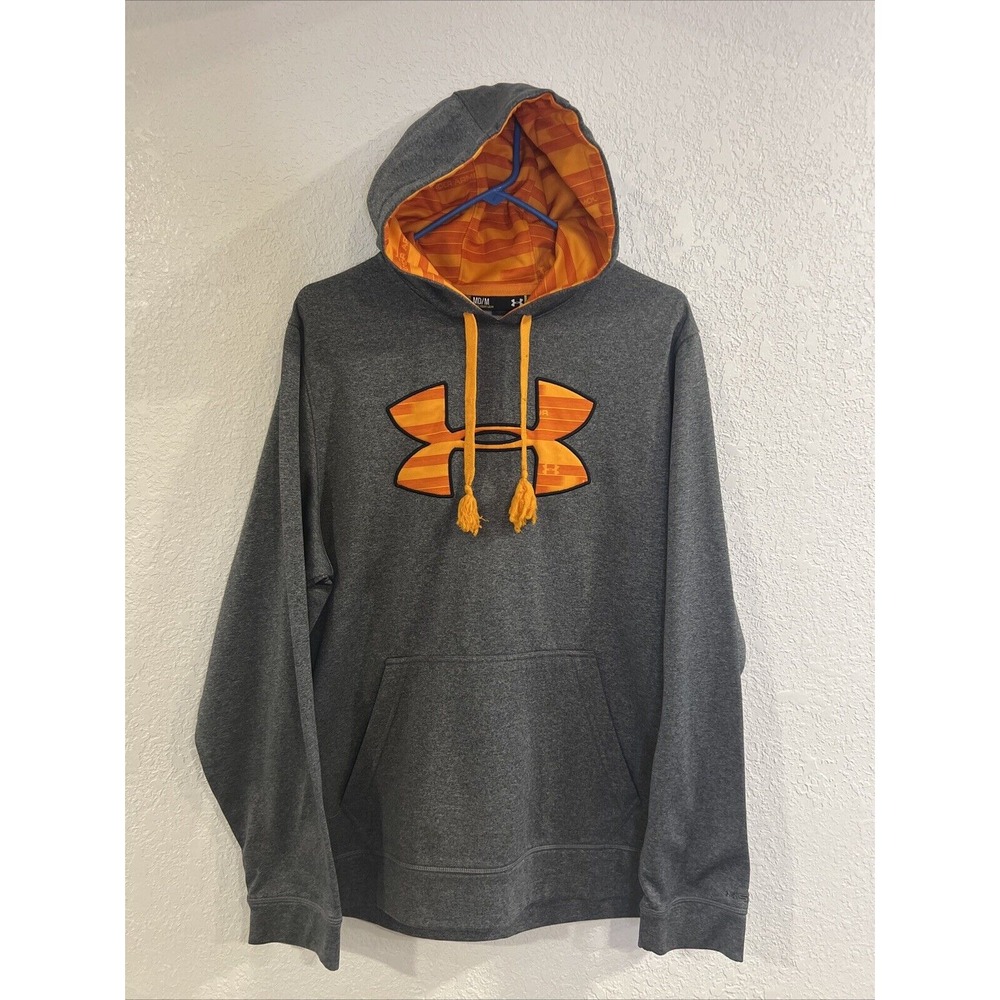 Under Armour Hoodie Mens Medium Gray Storm Hooded Loose Orange Logo Sweatshirt